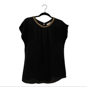 Loft Black Blouse with Gold Trim Neck